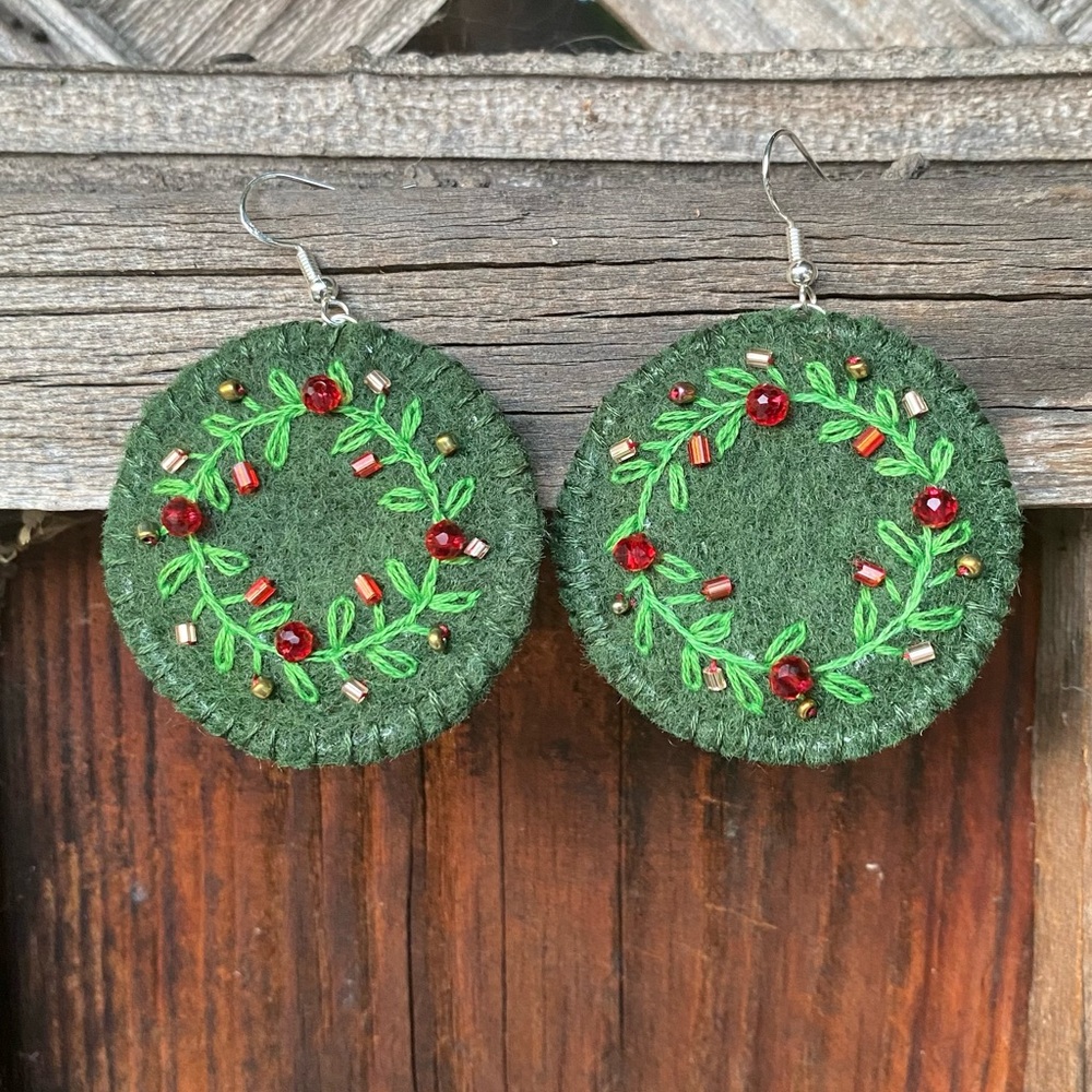 Handcrafted Green Embroidered Earrings